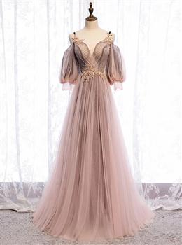 Picture of Long Sleeves Pink Tulle Long Party Dresses with Lace, Pink Floor Length Prom Dresses